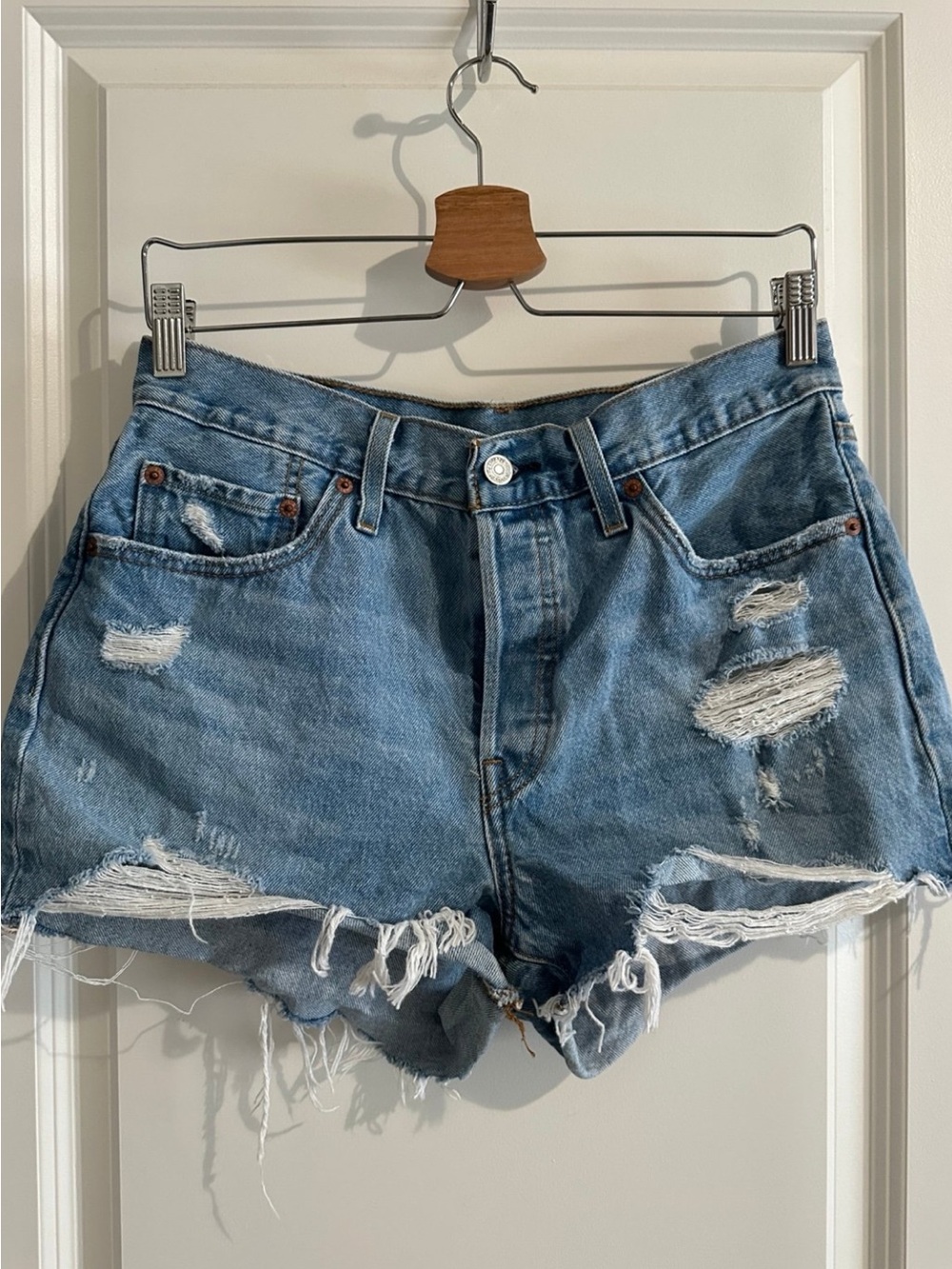 Levi's Light Blue Distressed High-Rise Jean Shorts
